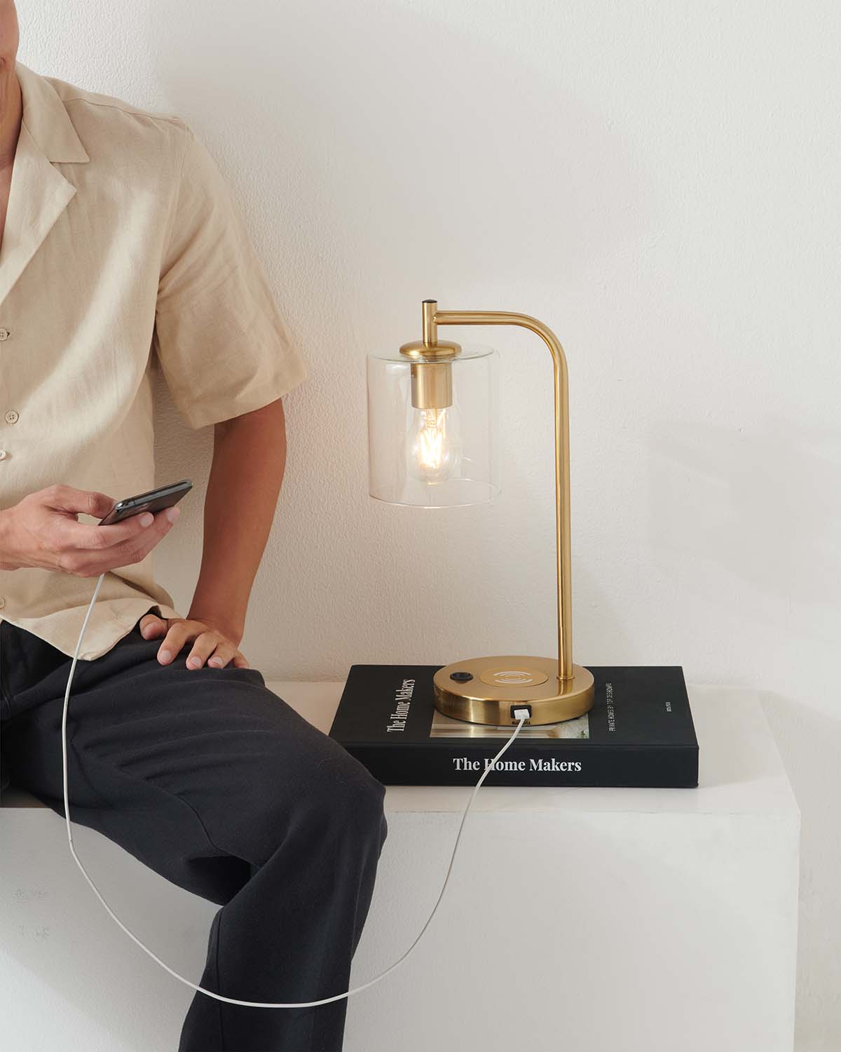 Glowmere Elizabeth Brass USB Charging Table Lamp with Glass Shade overall view