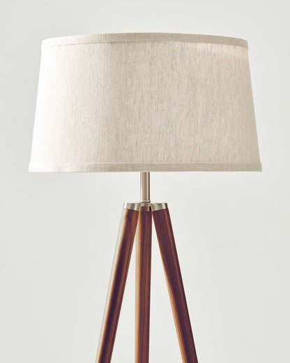 Glowmere Emma Wooden Tripod Floor Lamp with Linen Shade in walnut