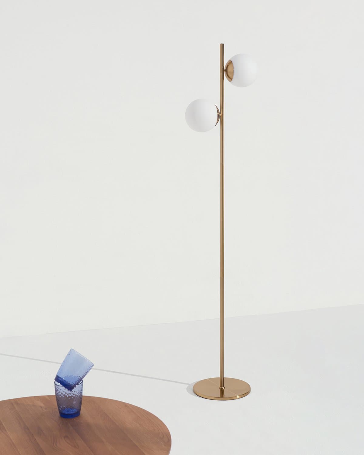 Glowmere Sphere Two Globe Frosted Glass Floor Lamp in brass