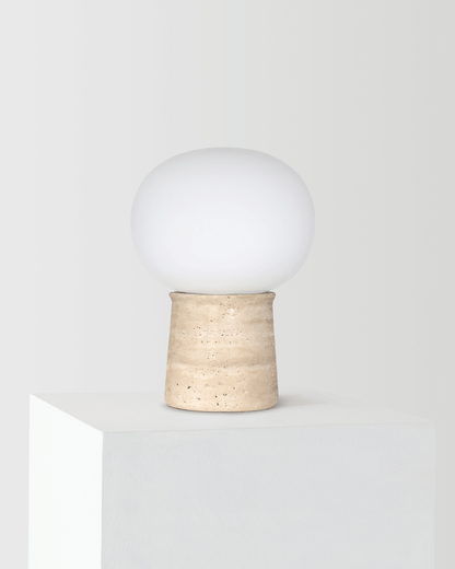 Glowmere Neptune Travertine Base Round Glass Shade Table Lamp view 2