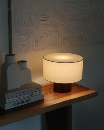 Glowmere Oliver Walnut Base Cylinder Linen Shade Table Lamp view 2