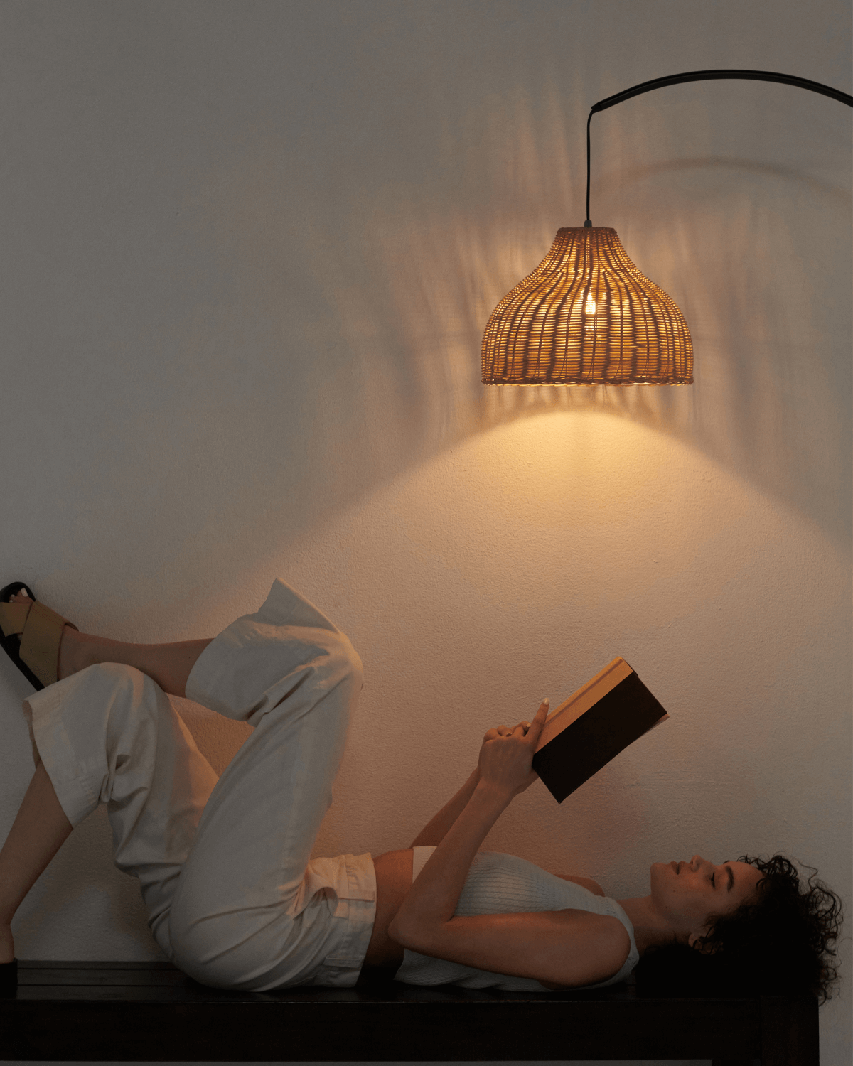 Glowmere Lark Arc Floor Lamp with Wicker Hanging Shade view 9