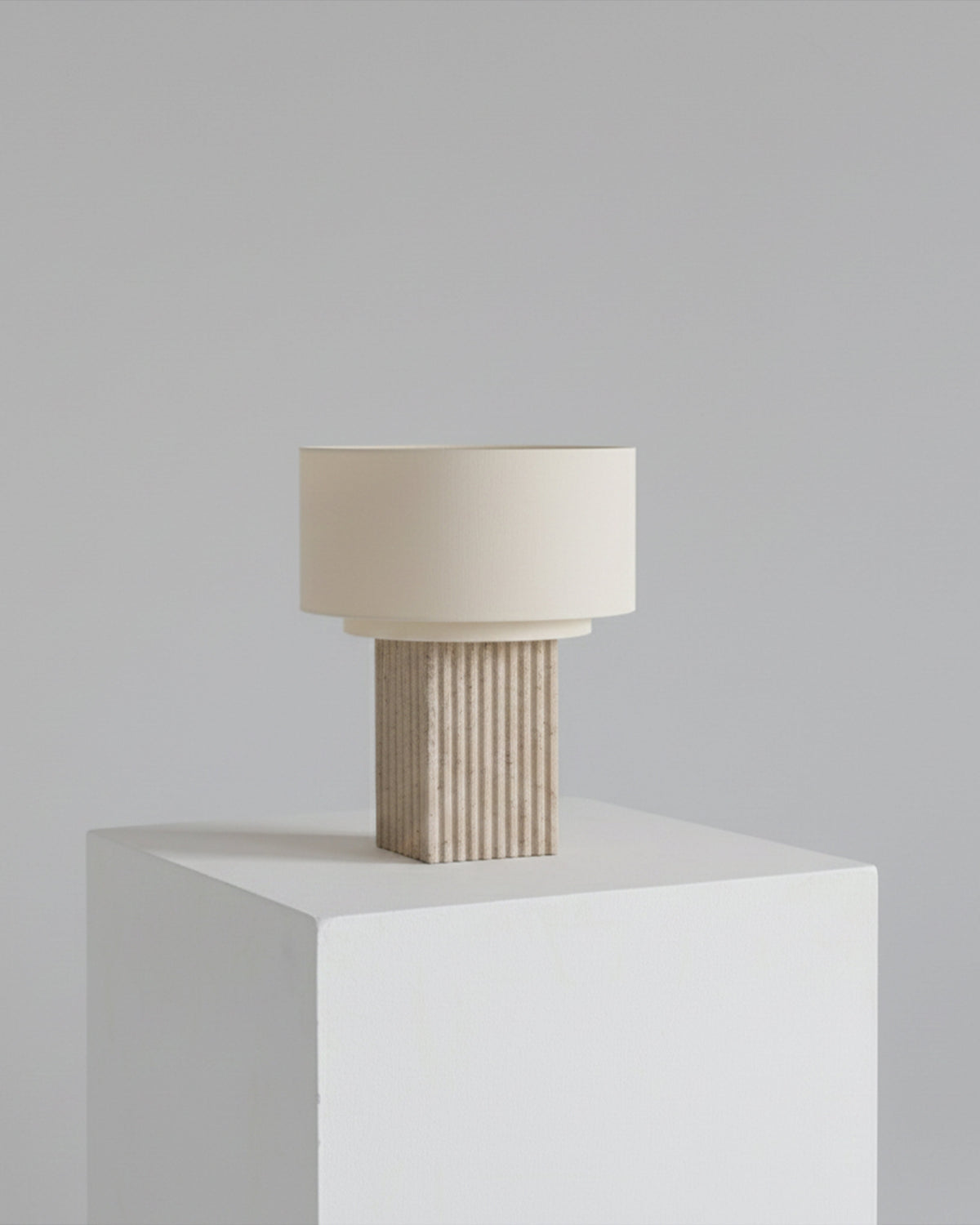 Glowmere Atticus Fluted Travertine Base Linen Shade Table Lamp view 4