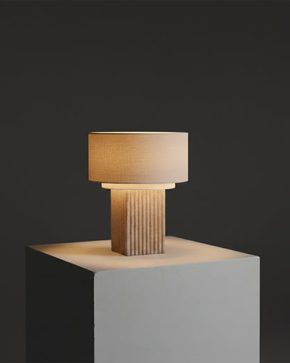 Glowmere Atticus Fluted Travertine Base Linen Shade Table Lamp view 5