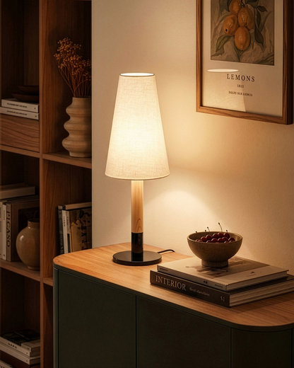 Glowmere Arthur Oak Stem Black Steel Base Table Lamp overall view
