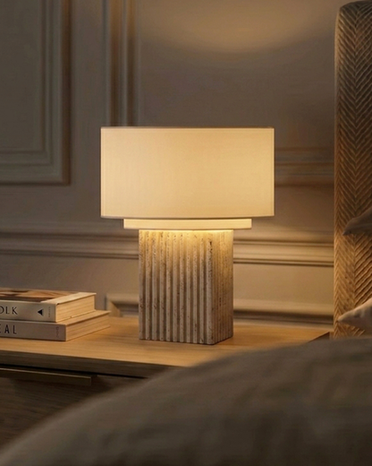 Glowmere Atticus Fluted Travertine Base Linen Shade Table Lamp overall view