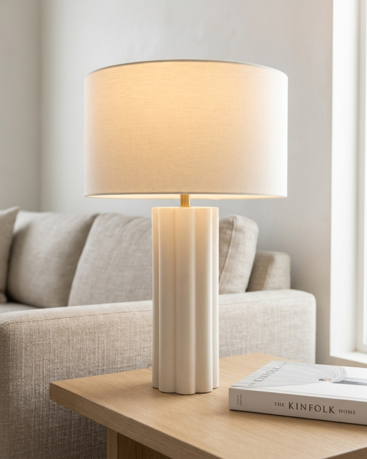 Glowmere Becca Fluted Ceramic Base Table Lamp with Cotton Shade overall view