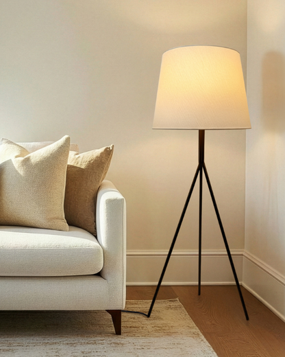 Glowmere Forge Tripod Floor Lamp with Oversized Fabric Shade overall view