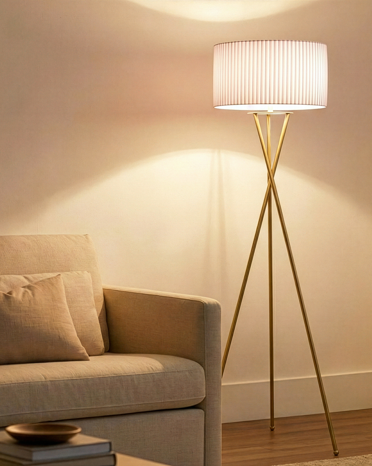Glowmere Jaxon Crisscross Base Tripod LED Floor Lamp in brass