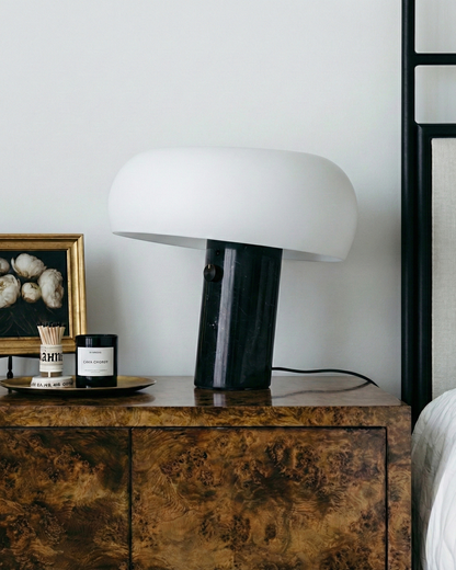 Glowmere Kingpin Transparent Disk Black Marble Table Lamp overall view