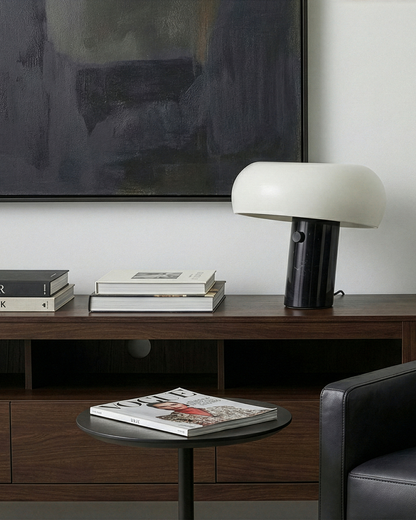 Glowmere Kingpin Transparent Disk Black Marble Table Lamp in marble