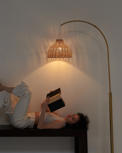 Glowmere Lark Arc Floor Lamp with Wicker Hanging Shade in brass
