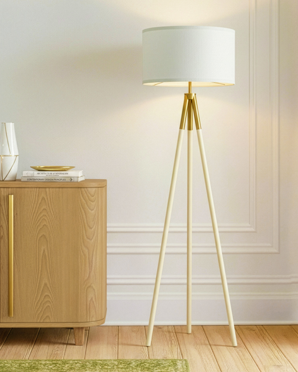 Glowmere Levi Tripod Floor Lamp with Linen Drum Shade in cream