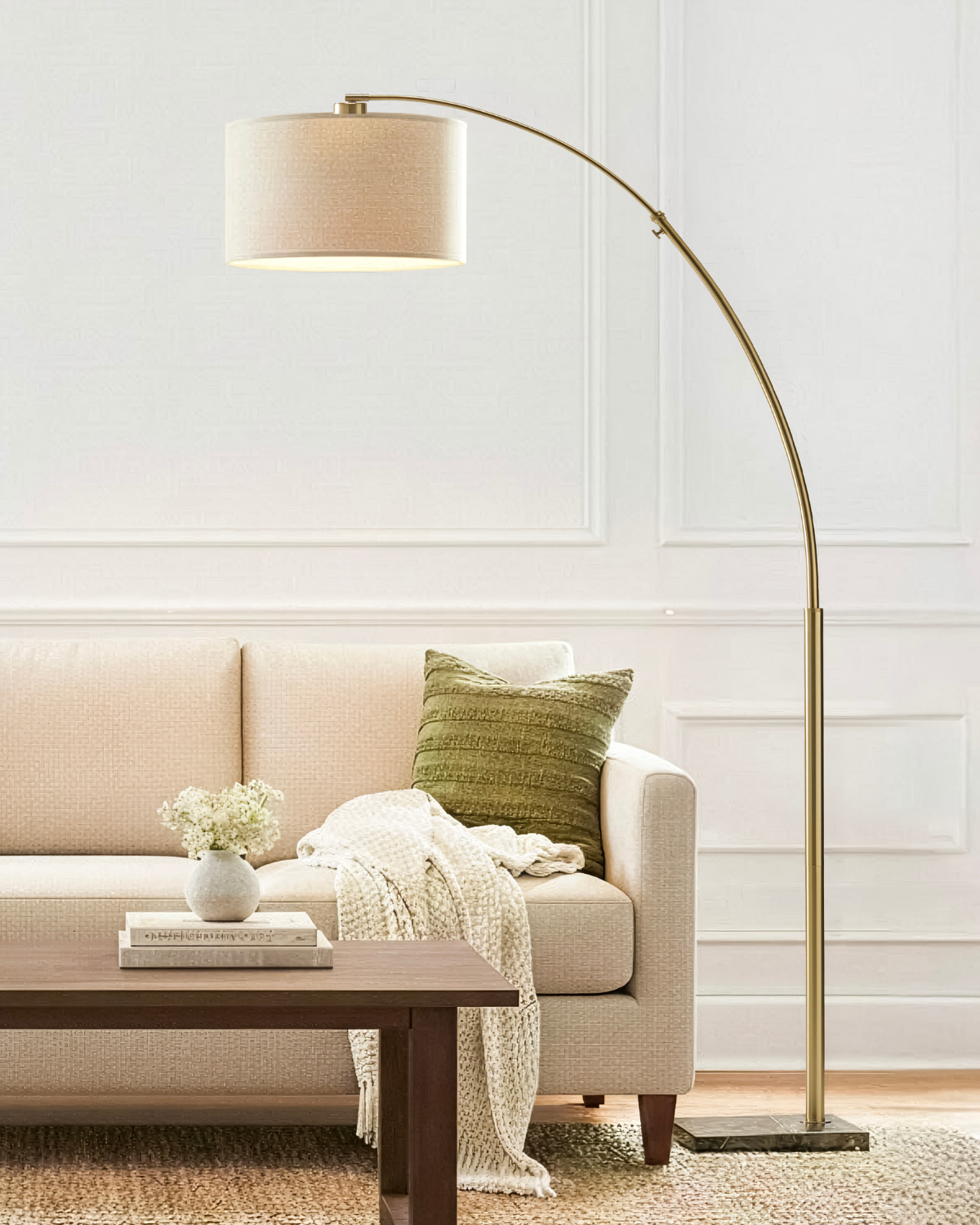 Glowmere Logan Marble Base Arc Floor Lamp with Footswitch in brass