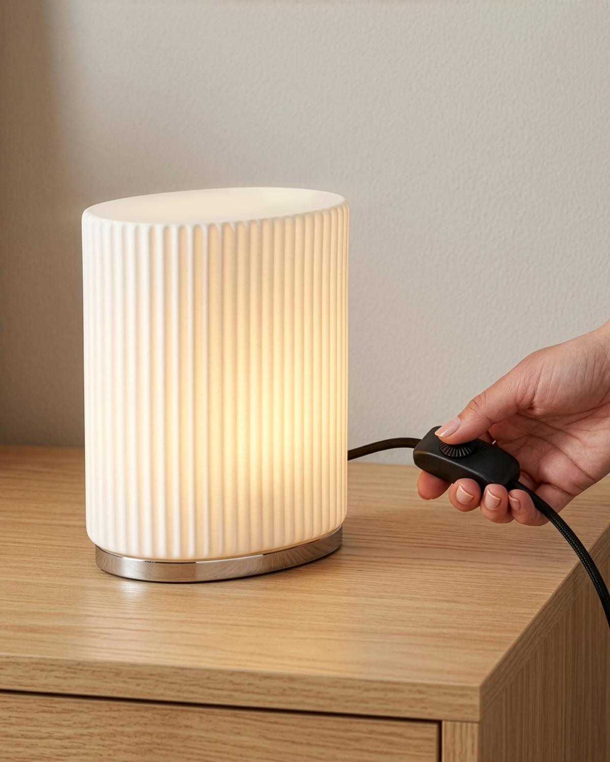 Glowmere Lumi Pleated Frosted Glass Table Lamp with Chrome Base in chrome