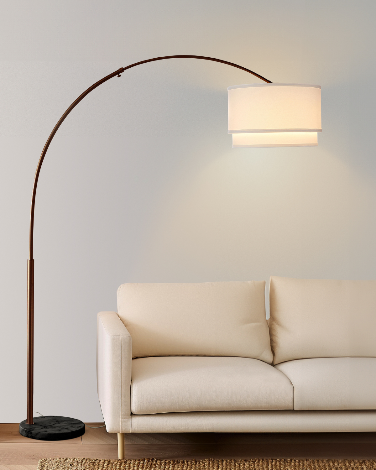 Glowmere Mason Arc LED Floor Lamp with Double Linen Shade in bronze