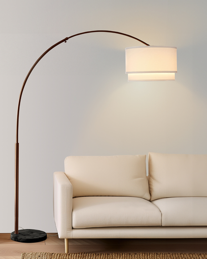 Glowmere Mason Arc LED Floor Lamp with Double Linen Shade in bronze
