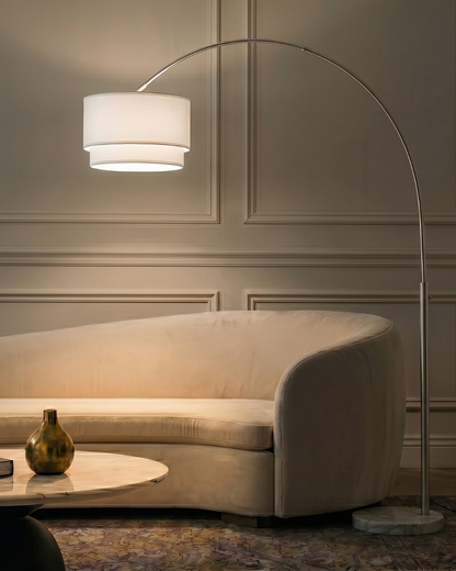 Glowmere Mason Arc LED Floor Lamp with Double Linen Shade in silver