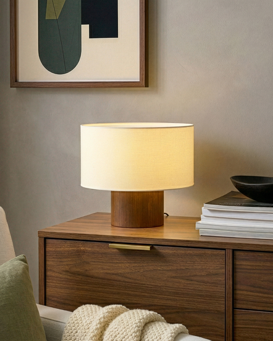 Glowmere Oliver Walnut Base Cylinder Linen Shade Table Lamp overall view