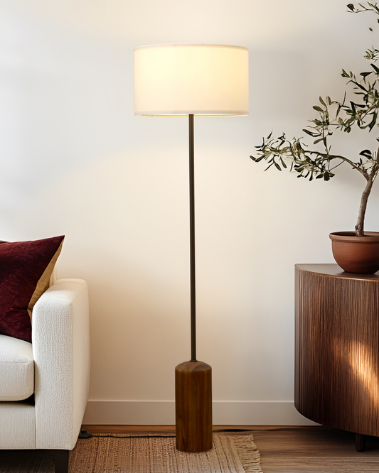 Glowmere Oren Walnut Base Fabric Drum Shade Floor Lamp overall view