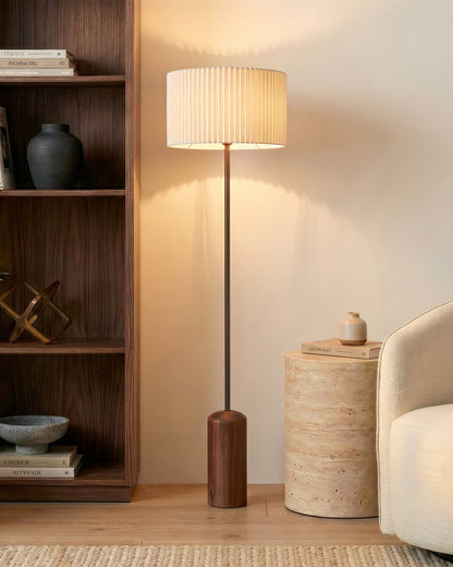 Glowmere Oren Walnut Base Fabric Drum Shade Floor Lamp in wood