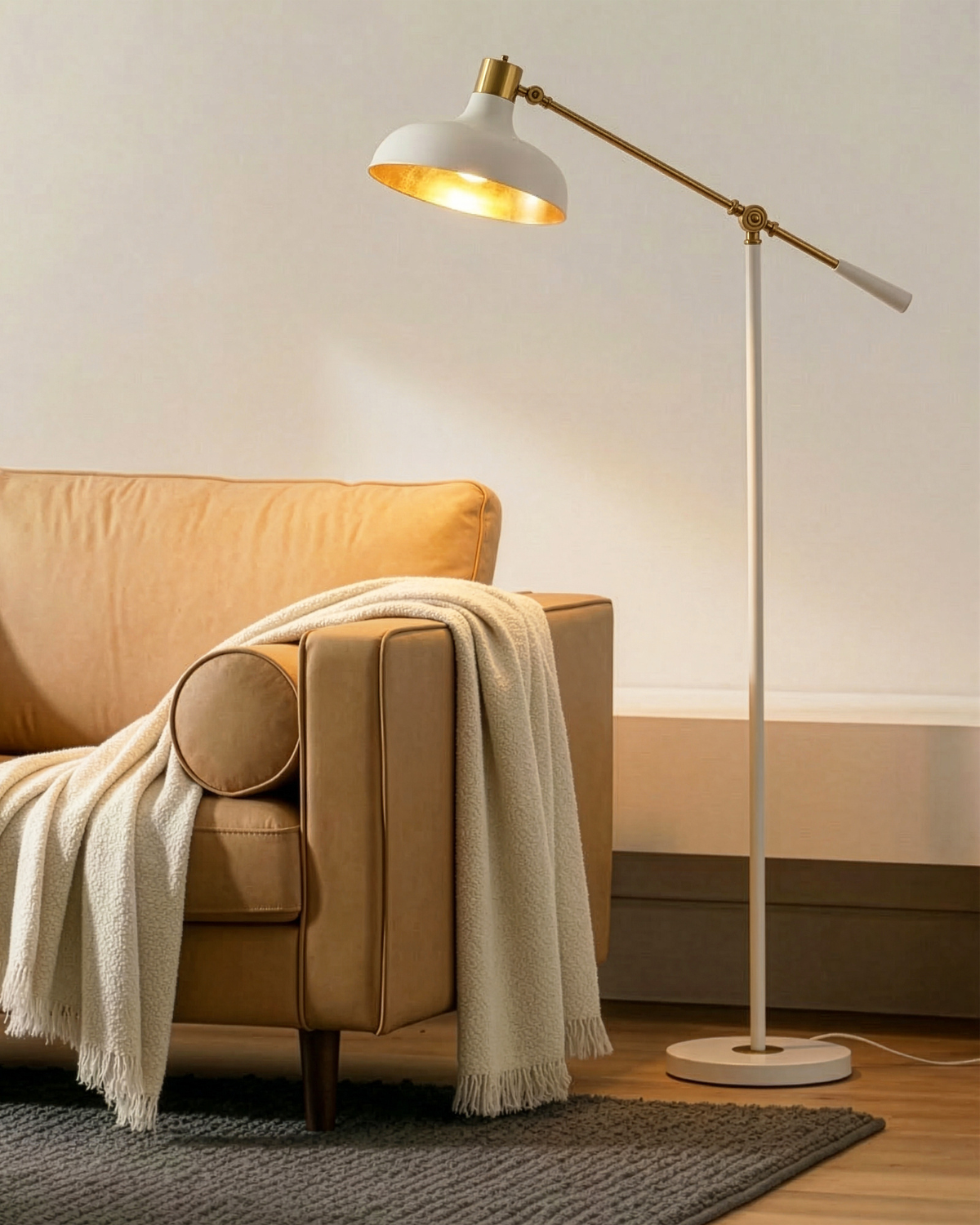 Glowmere Wyatt Adjustable Arm Drafting Style Floor Lamp in cream