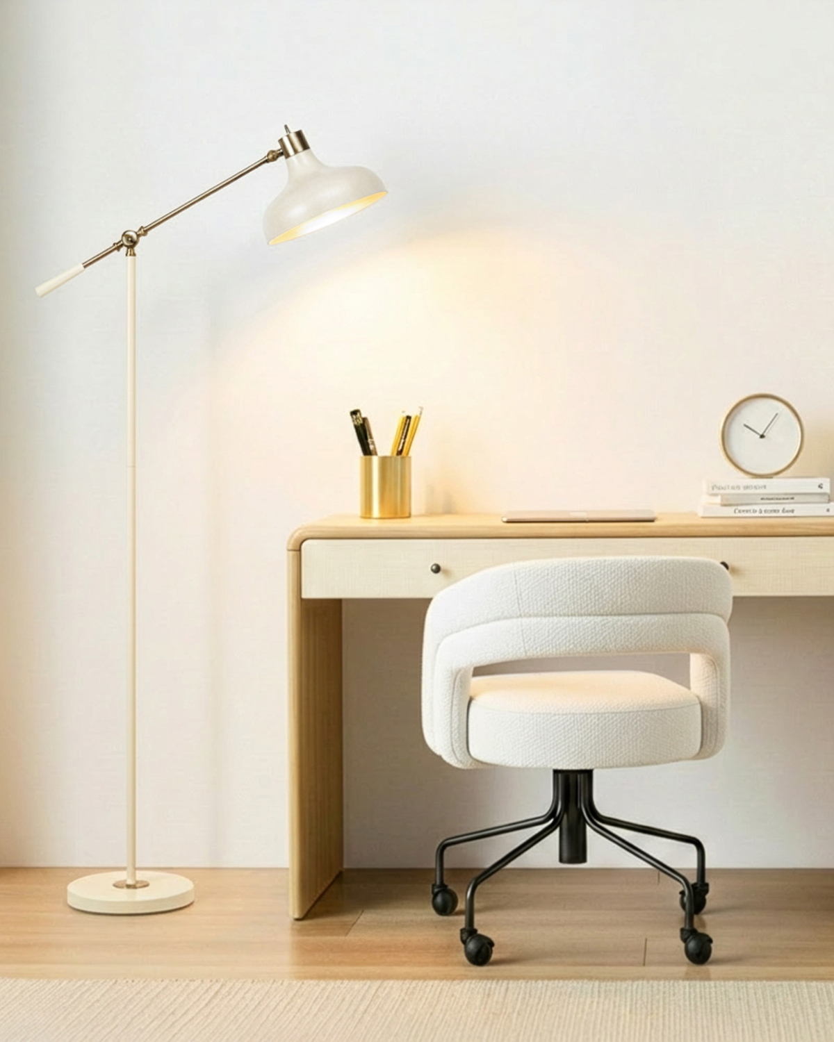Glowmere Wyatt Adjustable Arm Drafting Style Floor Lamp in cream