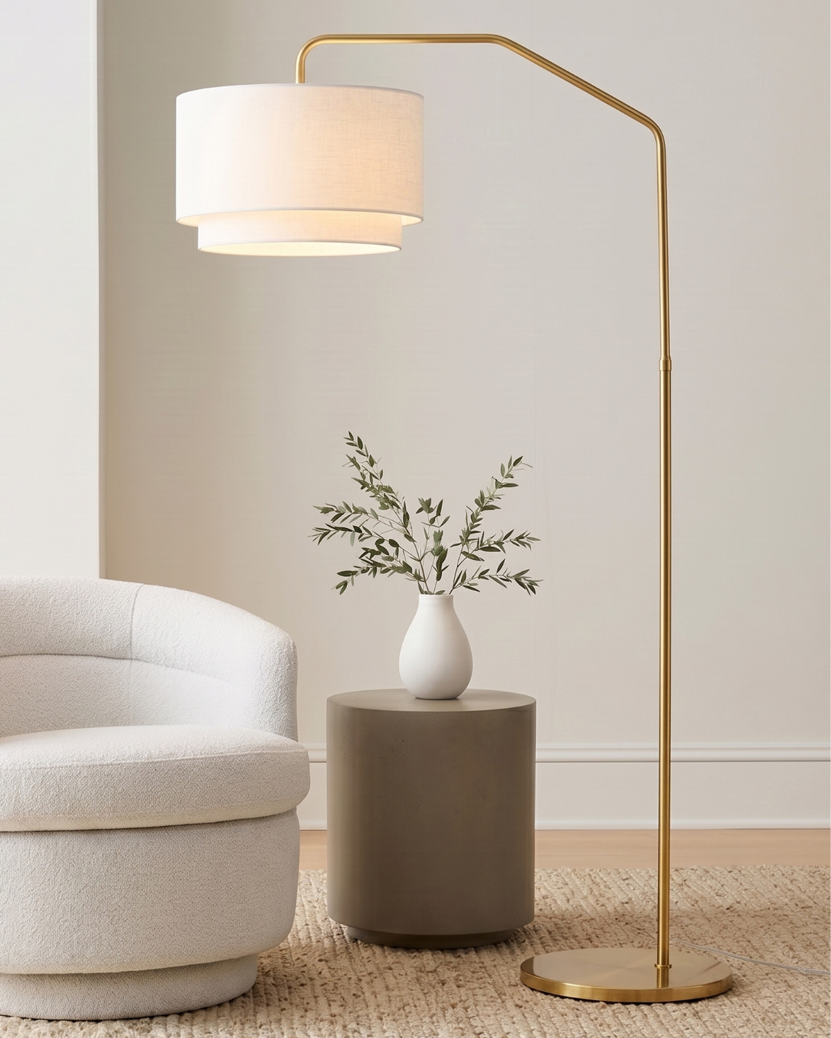 Glowmere Zion Brass Arc Floor Lamp with Double Drum Shade overall view
