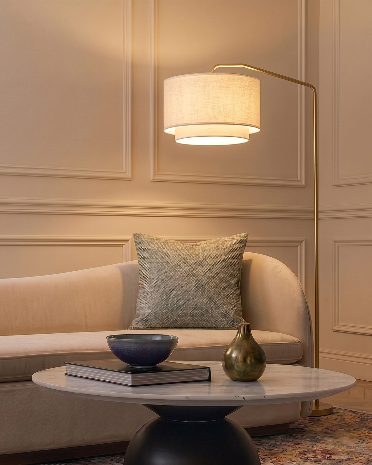 Glowmere Zion Brass Arc Floor Lamp with Double Drum Shade in brass