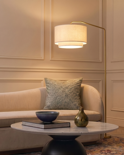 Glowmere Zion Brass Arc Floor Lamp with Double Drum Shade in brass