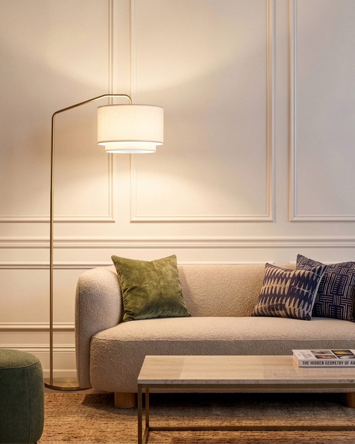Glowmere Zion Brass Arc Floor Lamp with Double Drum Shade in brass