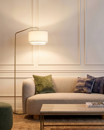 Glowmere Zion Brass Arc Floor Lamp with Double Drum Shade in brass