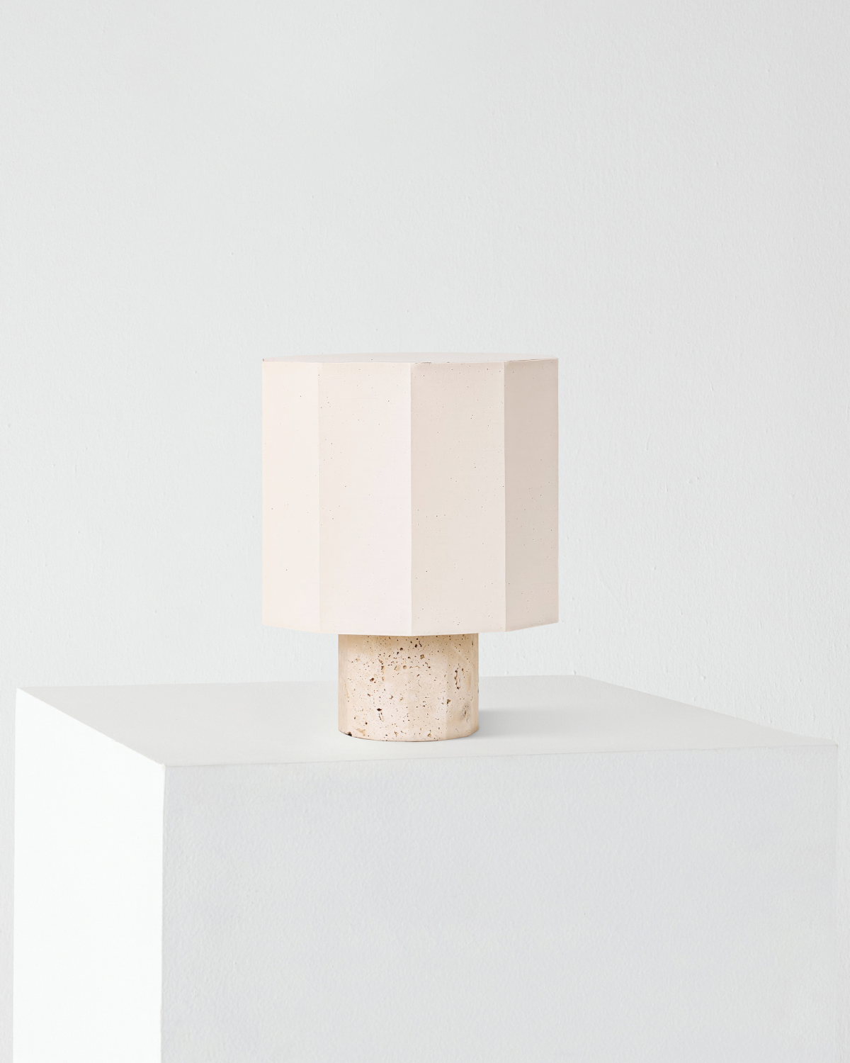 Glowmere Cleo Travertine Base Cream Drum Shade Table Lamp view 2
