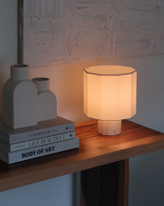 Glowmere Cleo Travertine Base Cream Drum Shade Table Lamp overall view