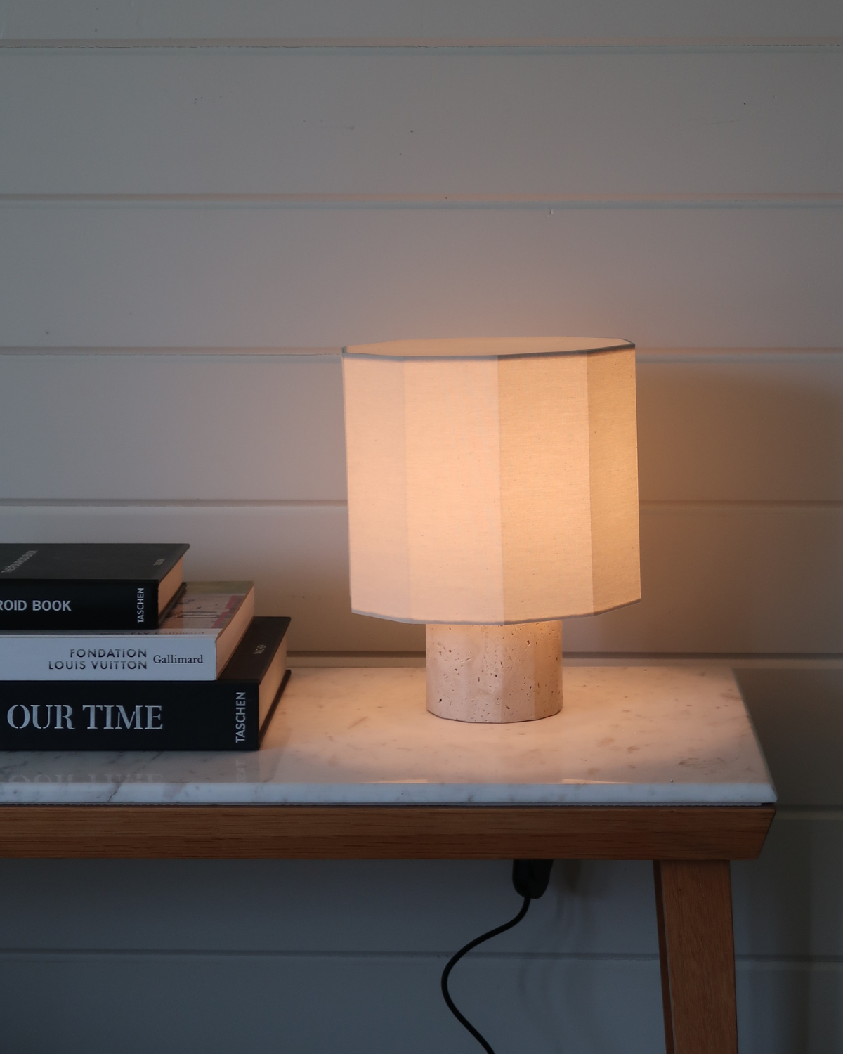 Glowmere Cleo Travertine Base Cream Drum Shade Table Lamp view 4