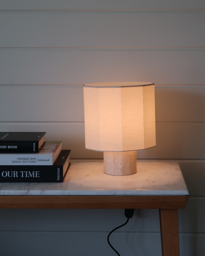 Glowmere Cleo Travertine Base Cream Drum Shade Table Lamp view 4