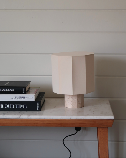 Glowmere Cleo Travertine Base Cream Drum Shade Table Lamp view 3