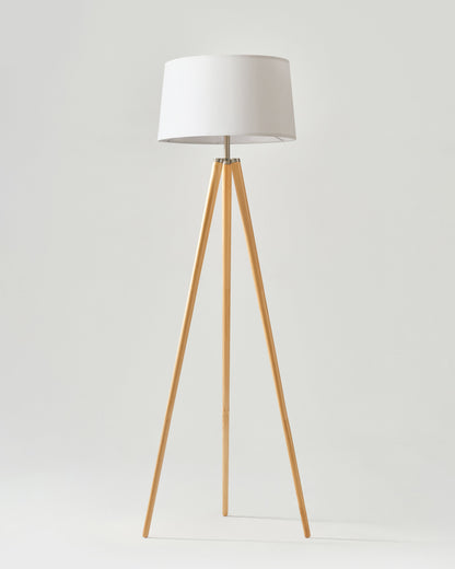 Glowmere Emma Wooden Tripod Floor Lamp with Linen Shade overall view