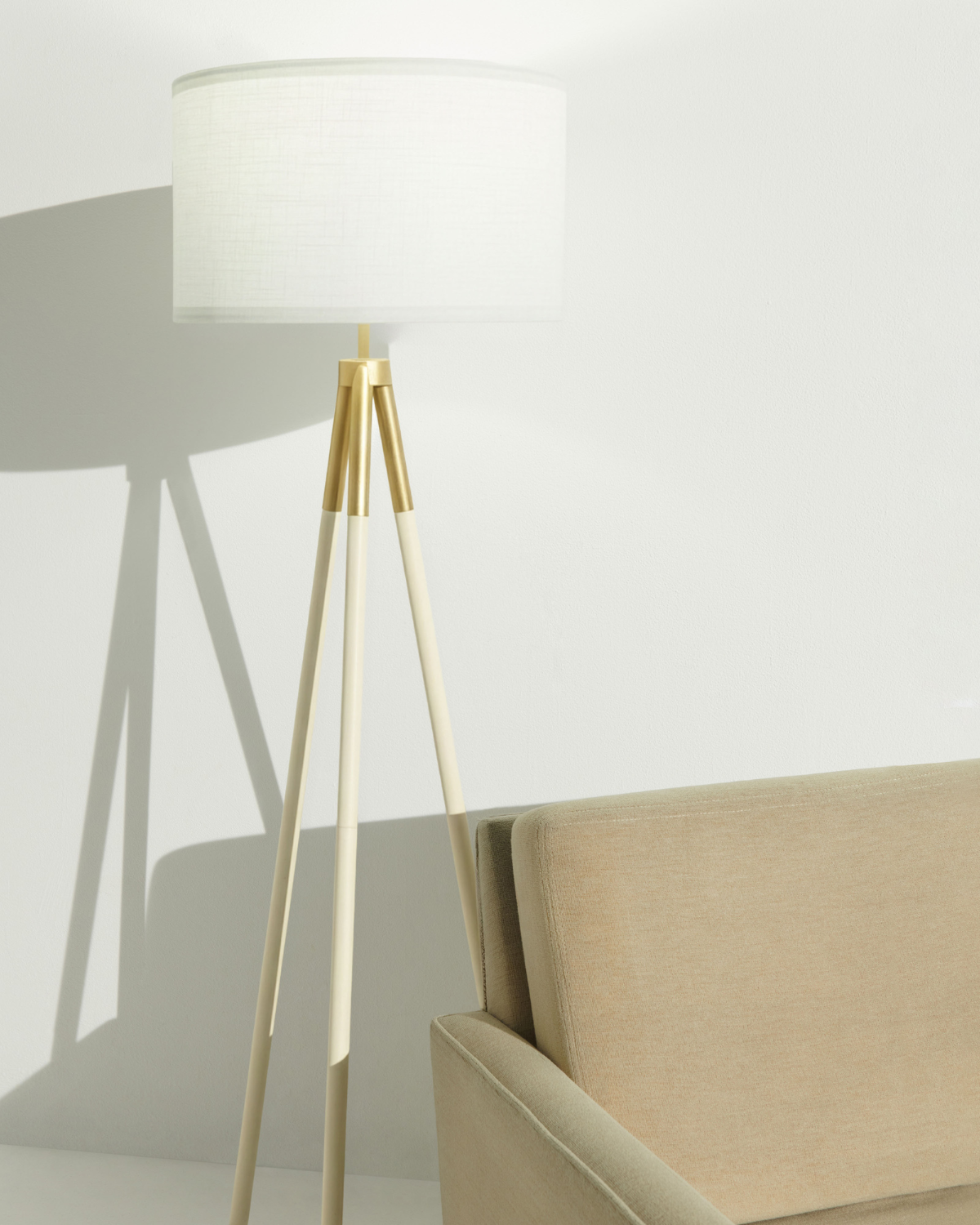 Glowmere Levi Tripod Floor Lamp with Linen Drum Shade in cream