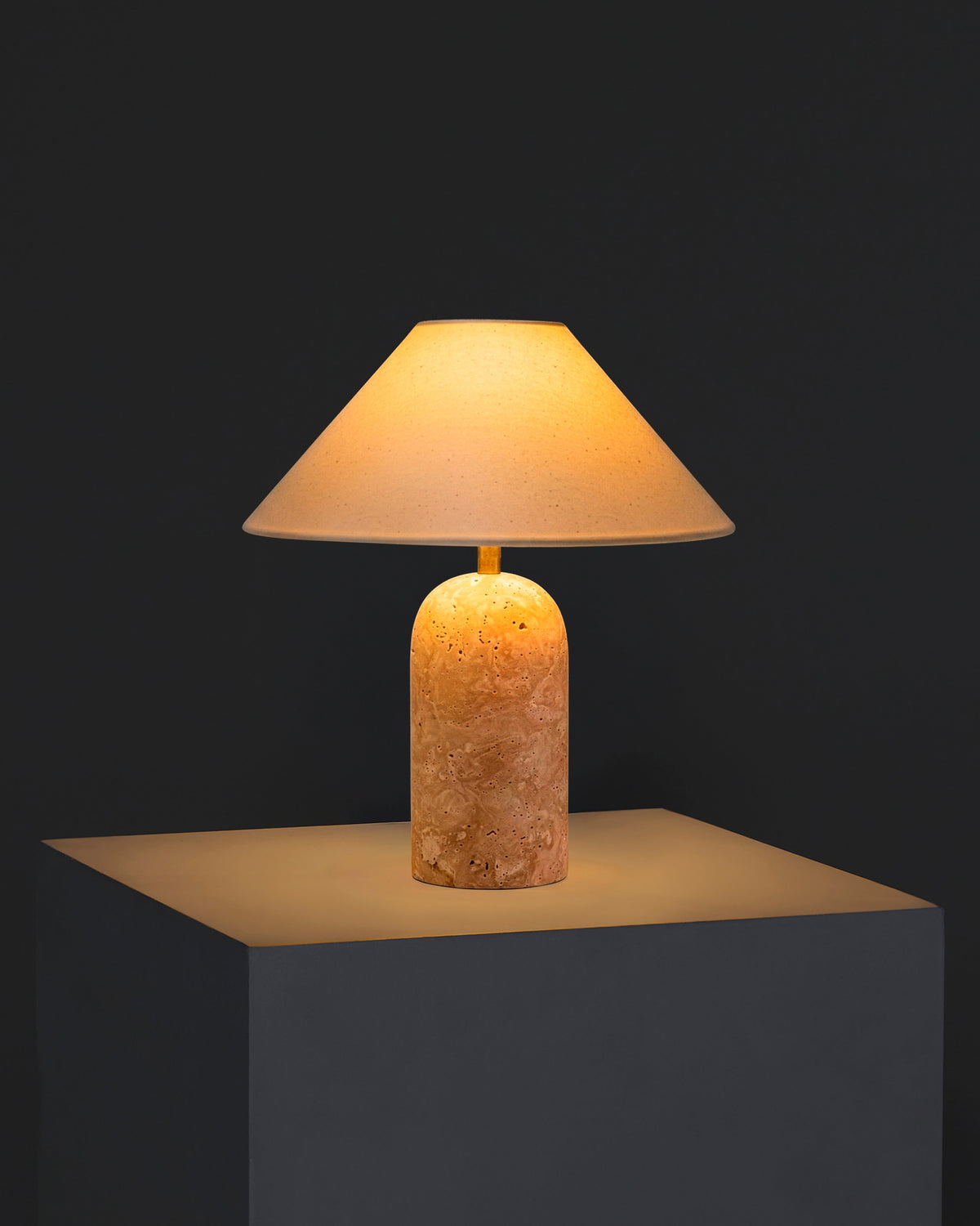 Glowmere Sansa Natural Stone Base A Line Shade Table Lamp in travertine