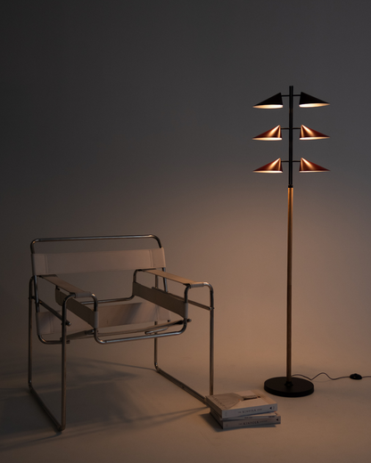Glowmere Ivo Six Shade Vintage Floor Lamp with Maple Stem overall view