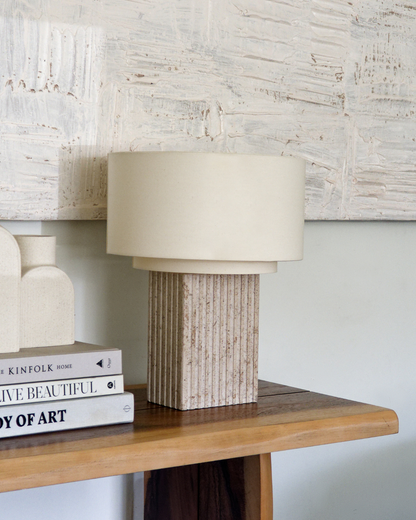 Glowmere Atticus Fluted Travertine Base Linen Shade Table Lamp view 2