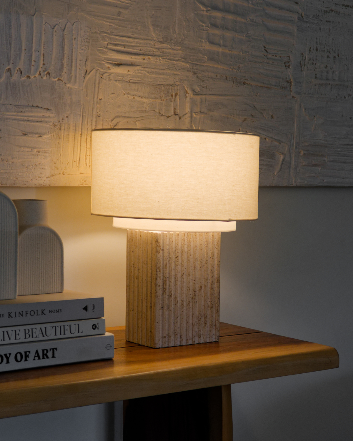 Glowmere Atticus Fluted Travertine Base Linen Shade Table Lamp view 3